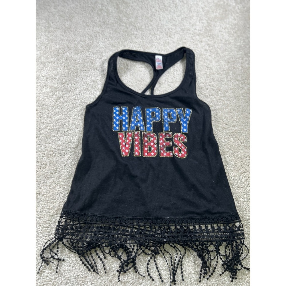 Celebrate‎ It Women's Black Tank Top XS Happy Vibes Lace Fringe